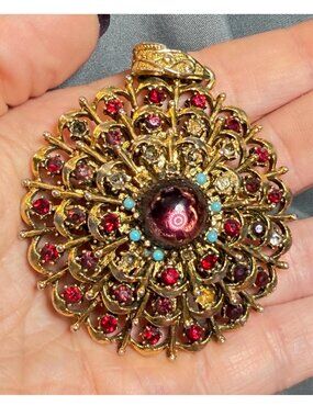 Vintage Rhinestone Pendant Domed Red Cabochon Repair Craft 2.75"